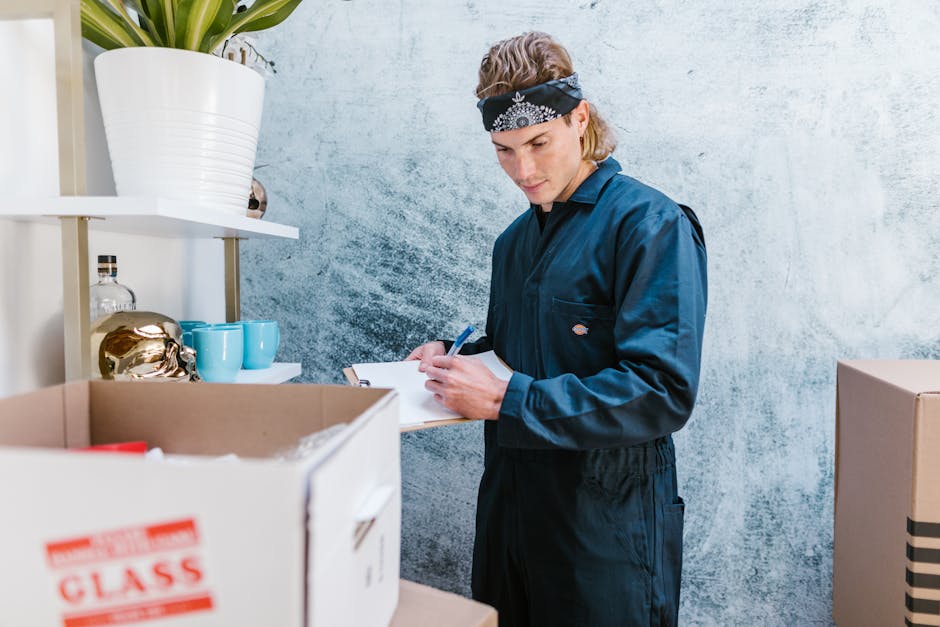 A professional mover from Strand Removals wearing a navy-blue work uniform and a black bandana with white patterns, standing inside a residential property next to a cardboard box labeled 'Class' and s
